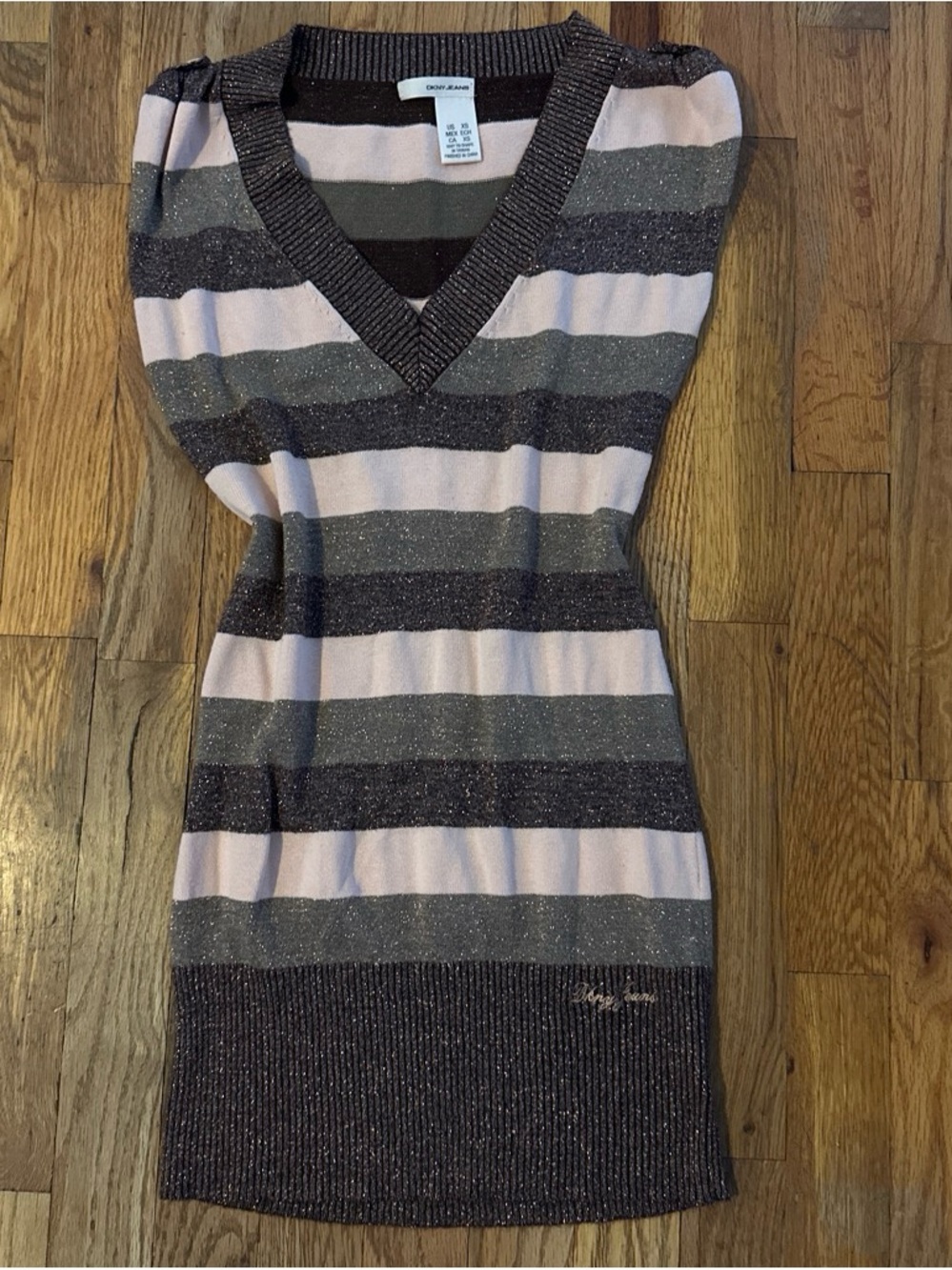DKNY Pink, Gray and Black Striped Off-the-Shoulder Sweater